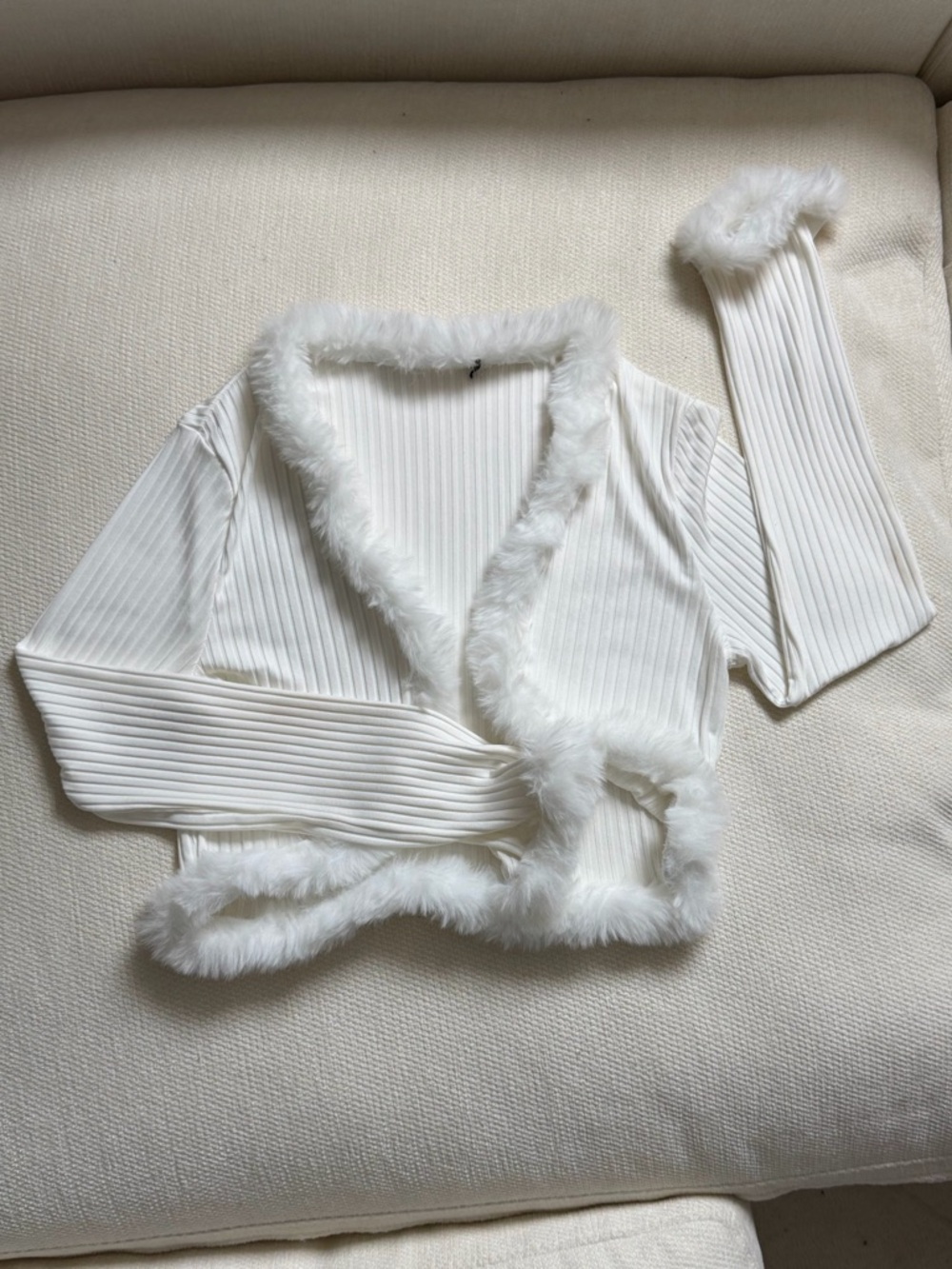 Faux Fur Trim Ribbed Wrap Top - White